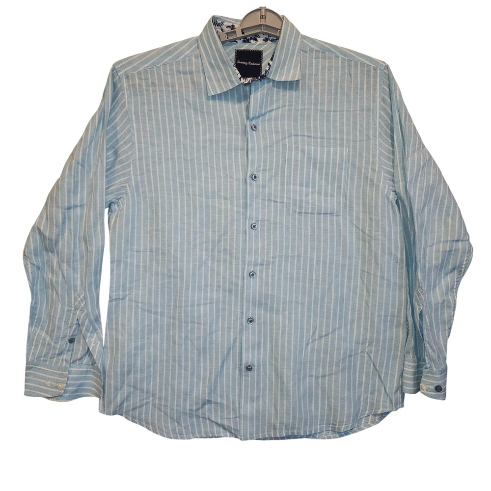 Tommy Bahama Mens Medium Light Blue White Striped 100% Linen Button Down Shirt